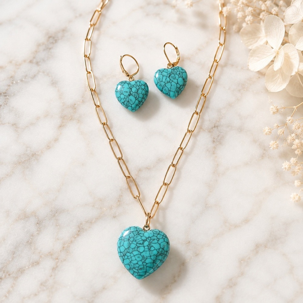 Joan Rivers Jewelry Set Turquoise Heart Resin Gold Paperclip Chain 18in Unworn